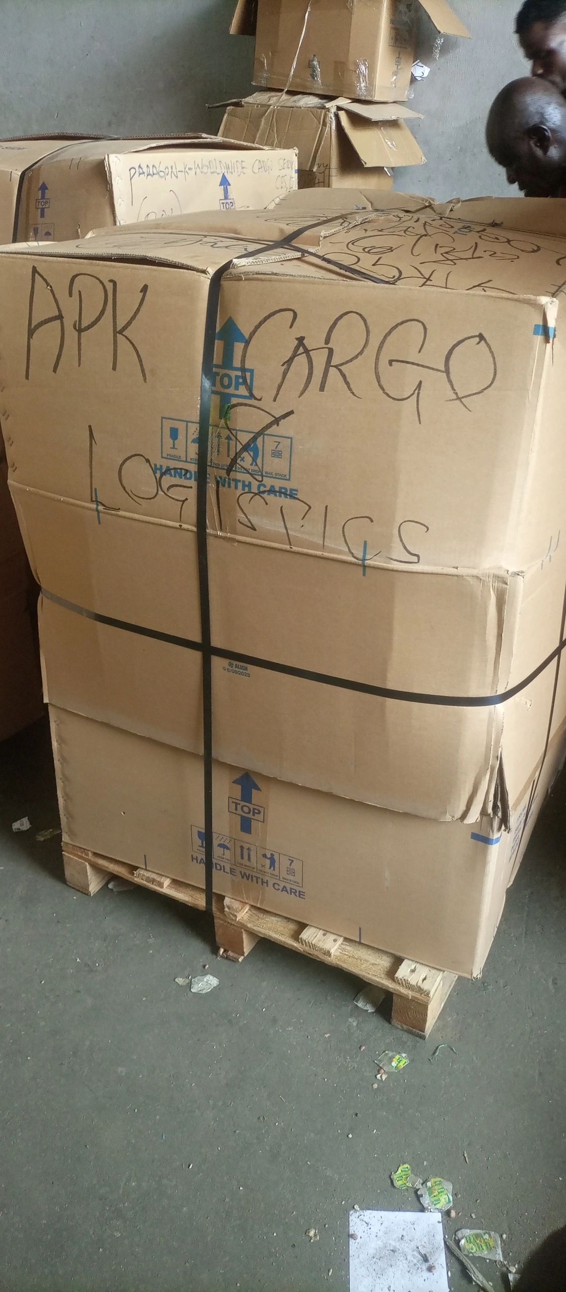 Cargo boxes on pallet in warehouse